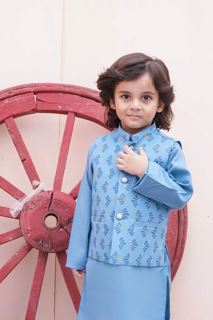 Sky Blue Kids Kurta Pajama With Printed Waistcoat image 2