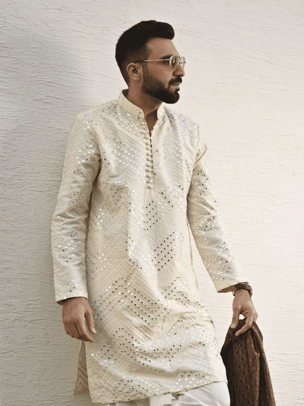 Beige Mirror Work Embroidered Kurta Trouser image 2