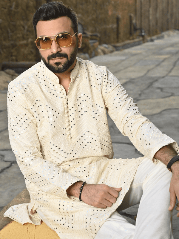 Beige Mirror Work Embroidered Kurta Trouser image 1